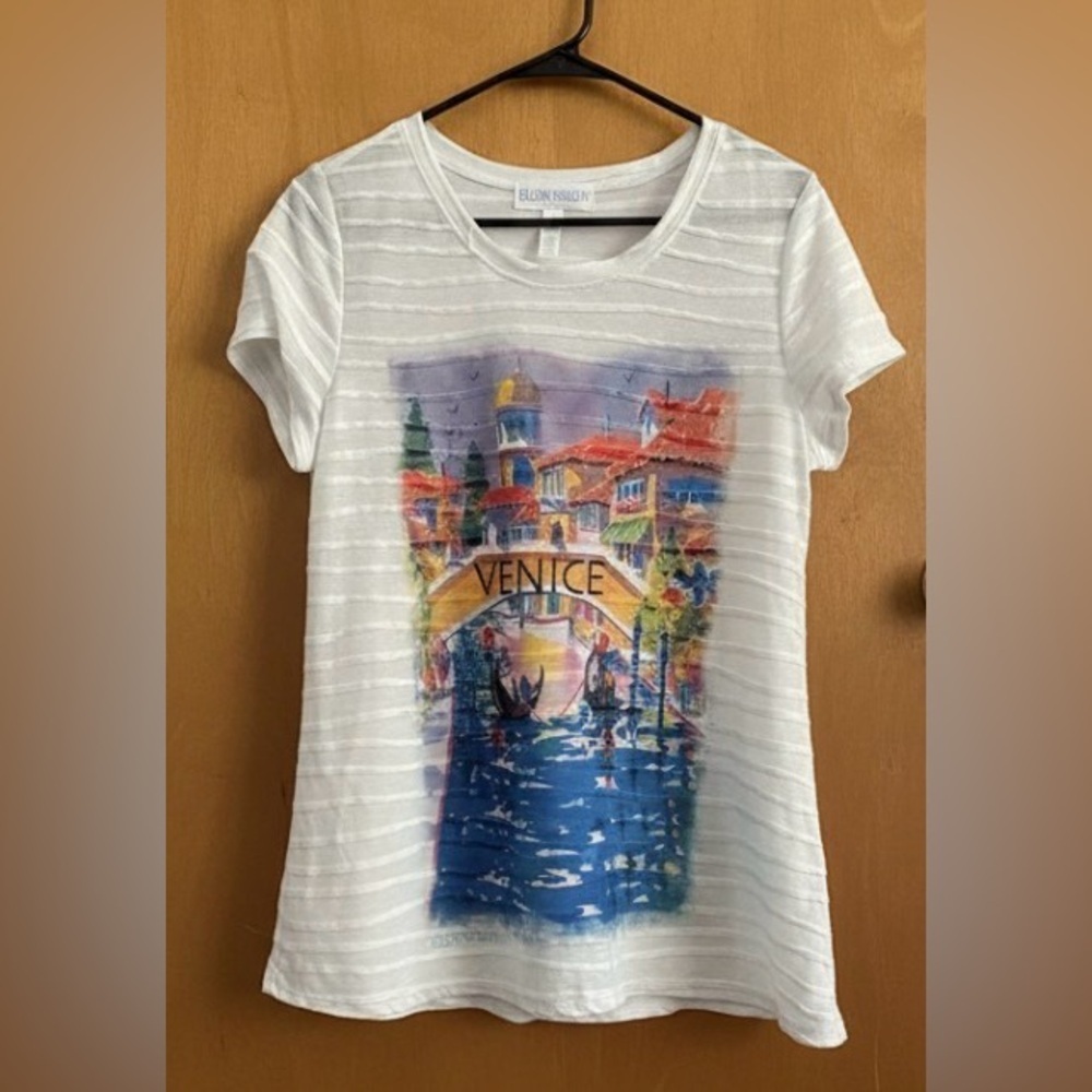 Ellen Negley Knit Short Sleeve Venice Italy Art & Soul Canal Blouse Size Medium
